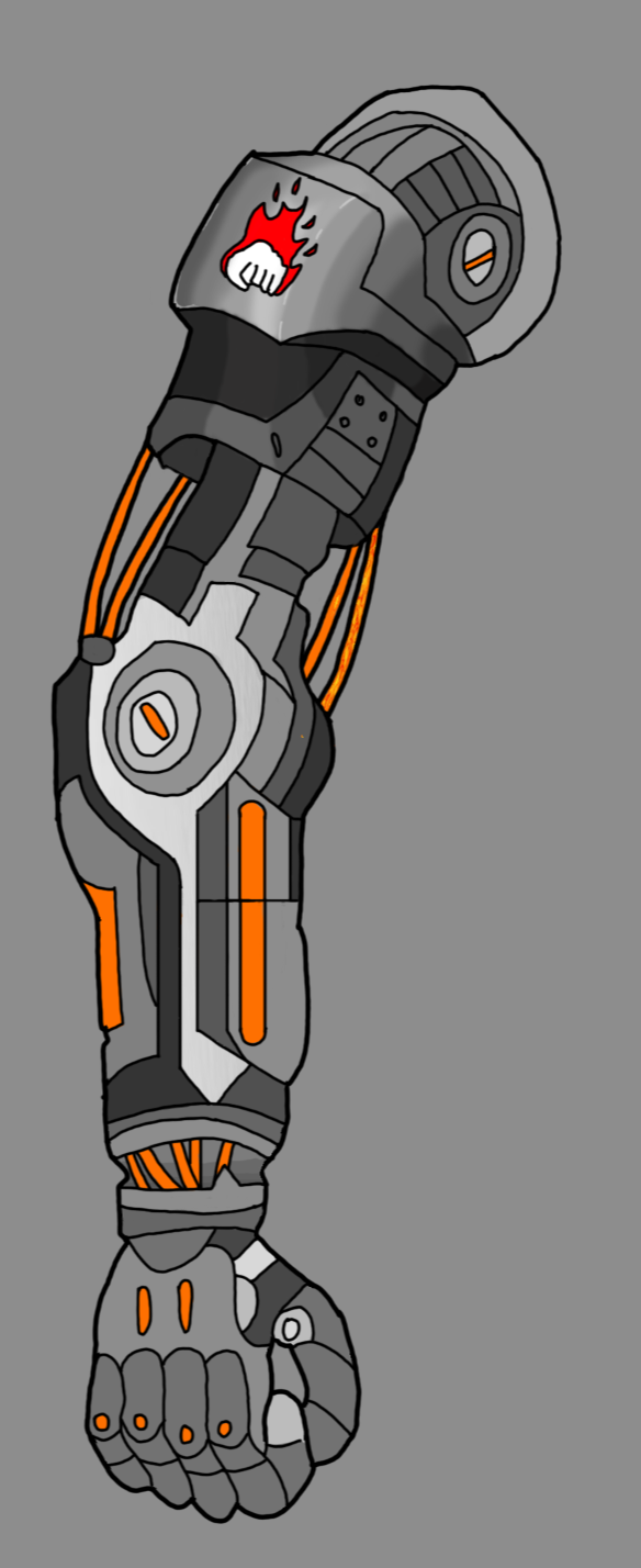 His newest piece: a full arm, shoulder to fist, in flat colour — the flame-and-fist mark sits on the shoulder plate.