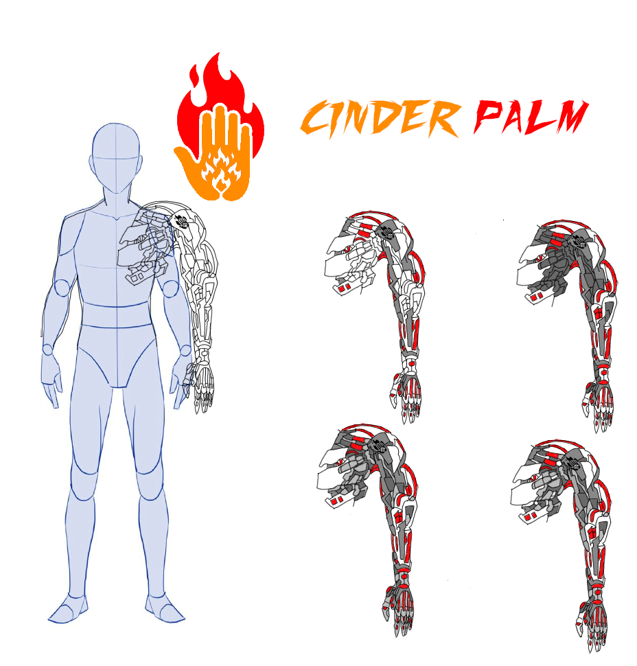 Cinder Palm — a shoulder-mounted arm; the mount is the hard part of the drawing.