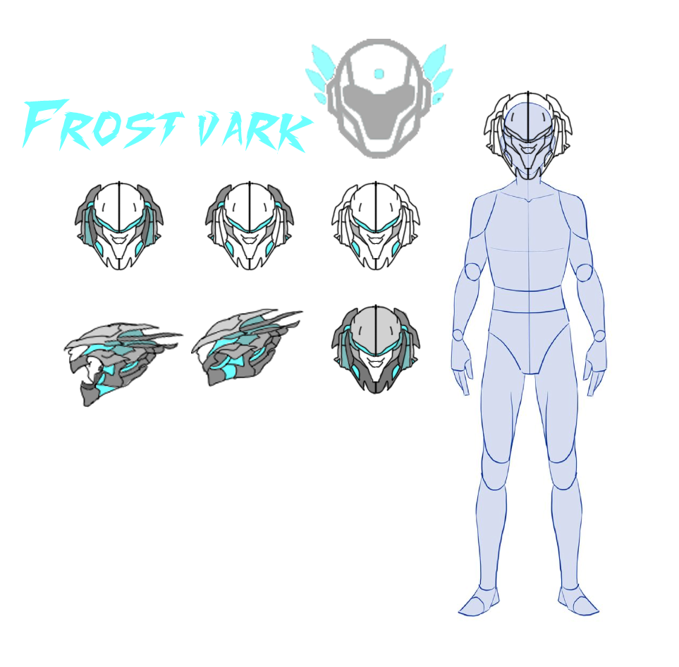 Frost Dark — a helmet, drawn front and three-quarter so the shape reads from both.