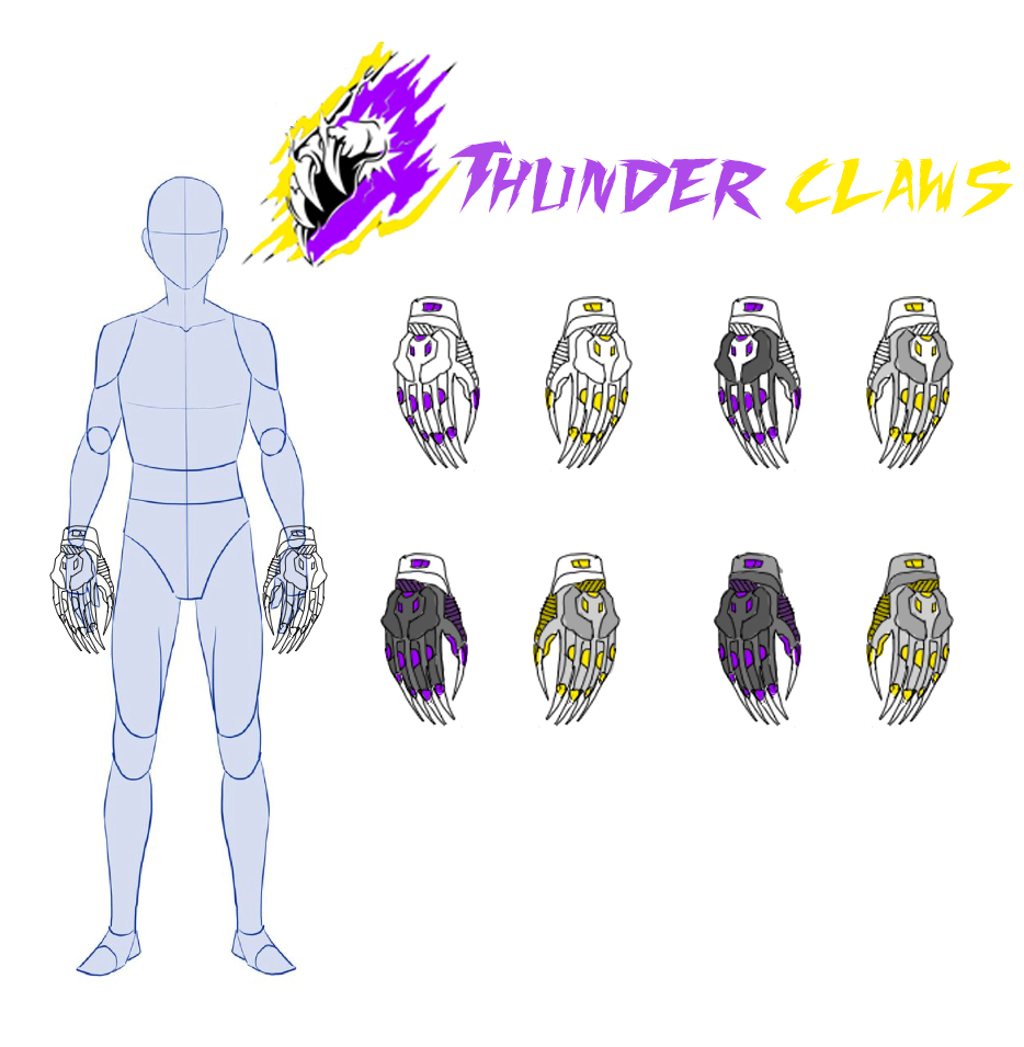 Thunder Claws — eight colourways, and the placement study that fixes the silhouette.