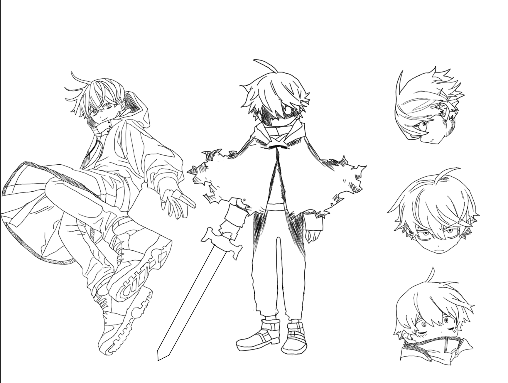 Character design sheet — line art with expression and head studies.