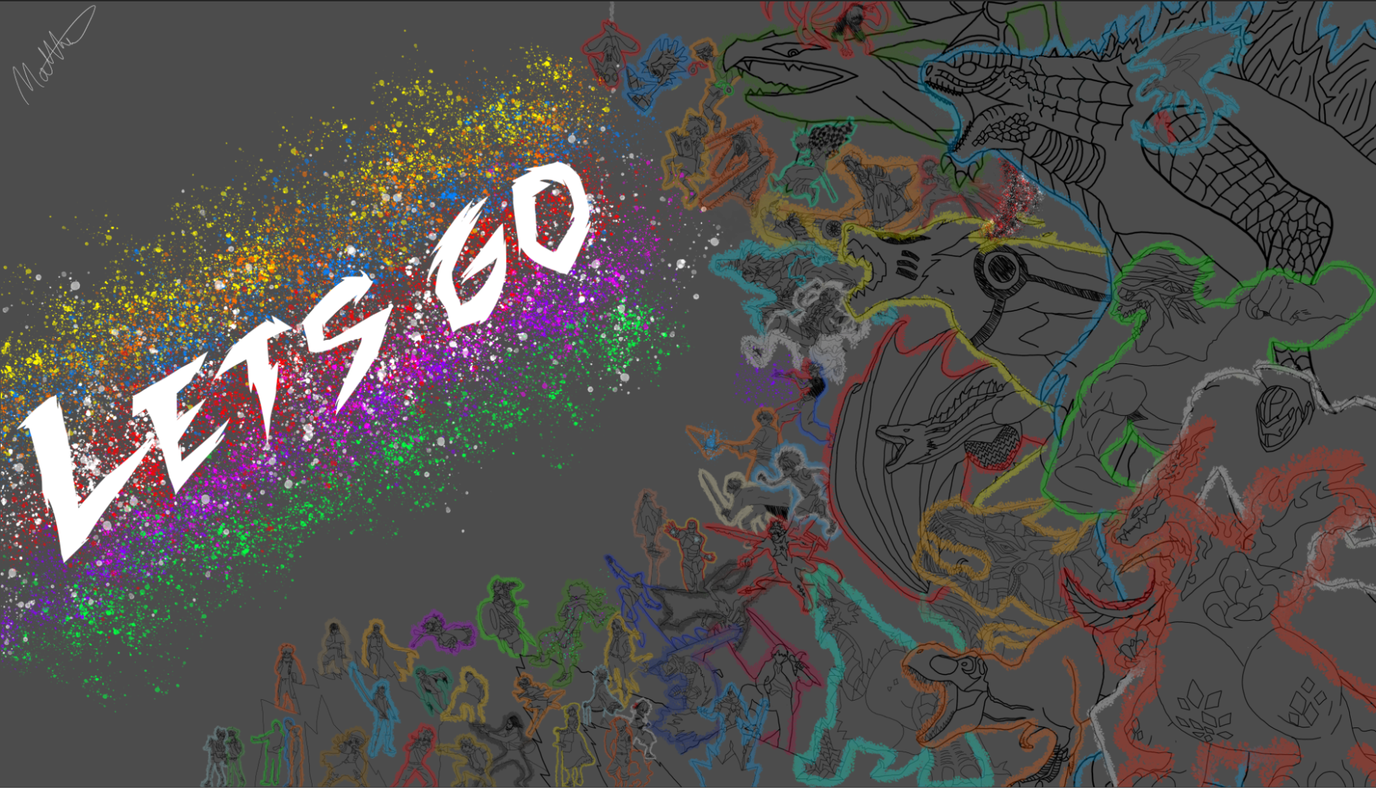 “LETS GO” — Matthew's signed composition of every creature he has drawn