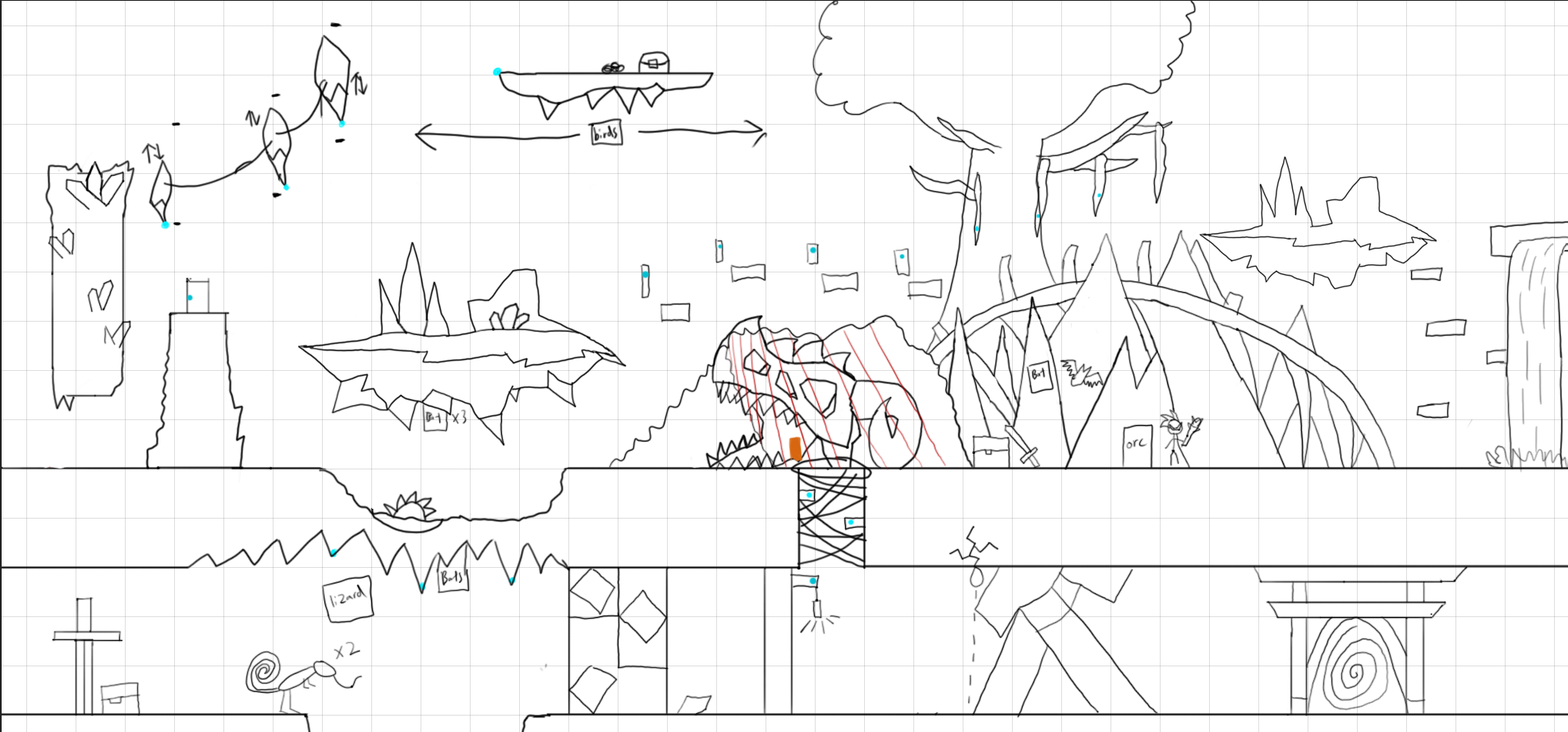 Level design draft. Blue points are grappling points and interactable objects; orange stripes are zones the player can't reach until they unlock that area.
