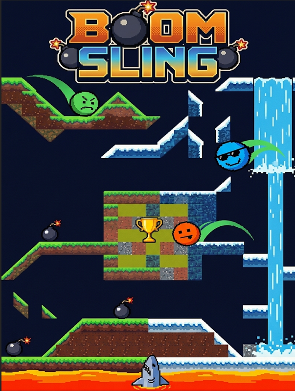 Boom Sling cover art: the logo over a vertical arena of platforms, bombs, a waterfall and lava