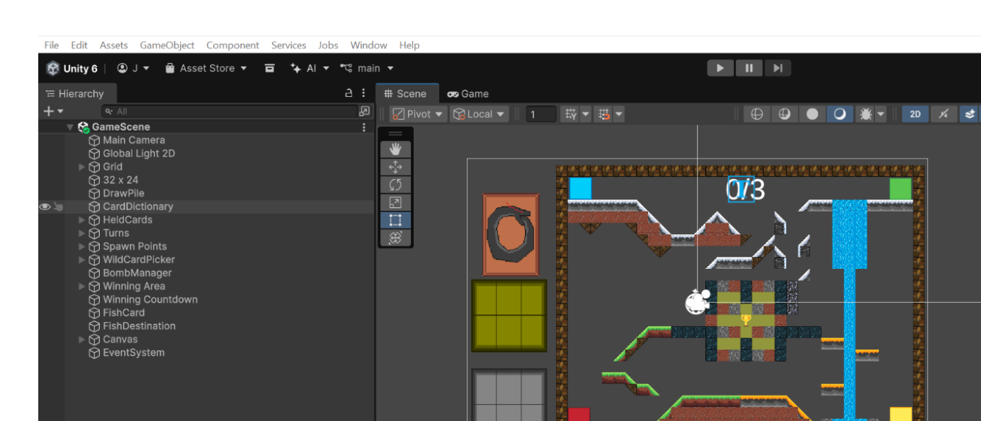 The Unity scene: draw pile, card dictionary, turn order, wild-card picker, bomb manager.