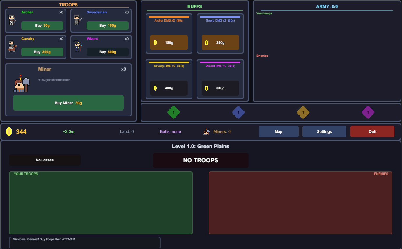 Conquest's screen: troops to buy, damage buffs, the army roster, gold income per second and the battle log — click to play in your browser