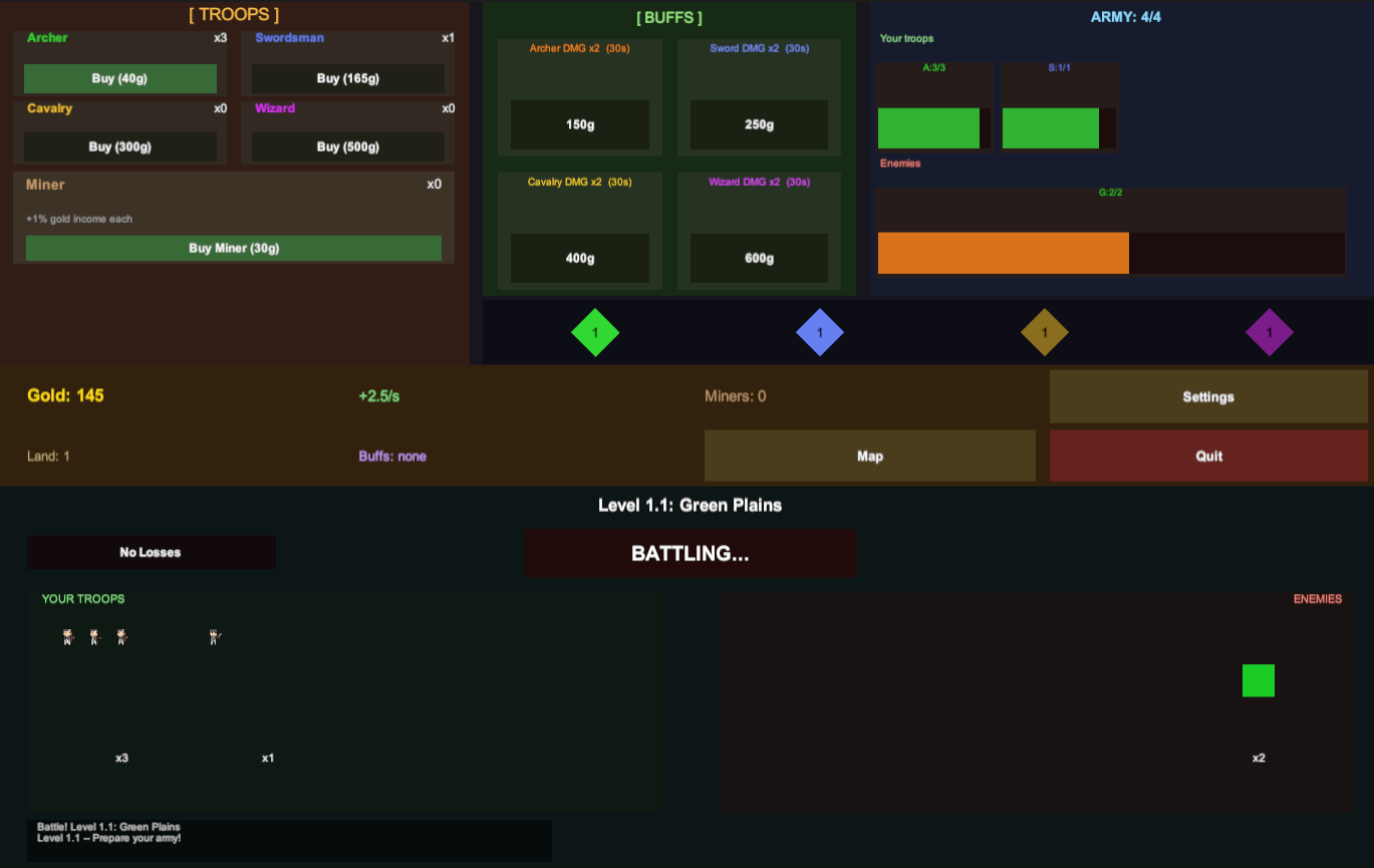 Conquest in play: the troop shop, timed damage buffs, an army of four, and a battle on the Green Plains