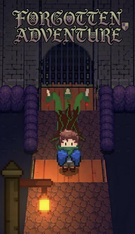 Forgotten Adventure cover: the title above a castle gate at night, the hero on a lantern-lit bridge with a three-headed tree creature behind him — click to play in your browser