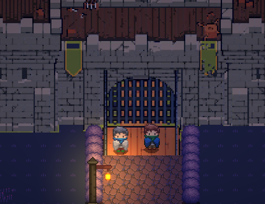 The castle gate at night: two figures on the bridge, lit by a single lantern.
