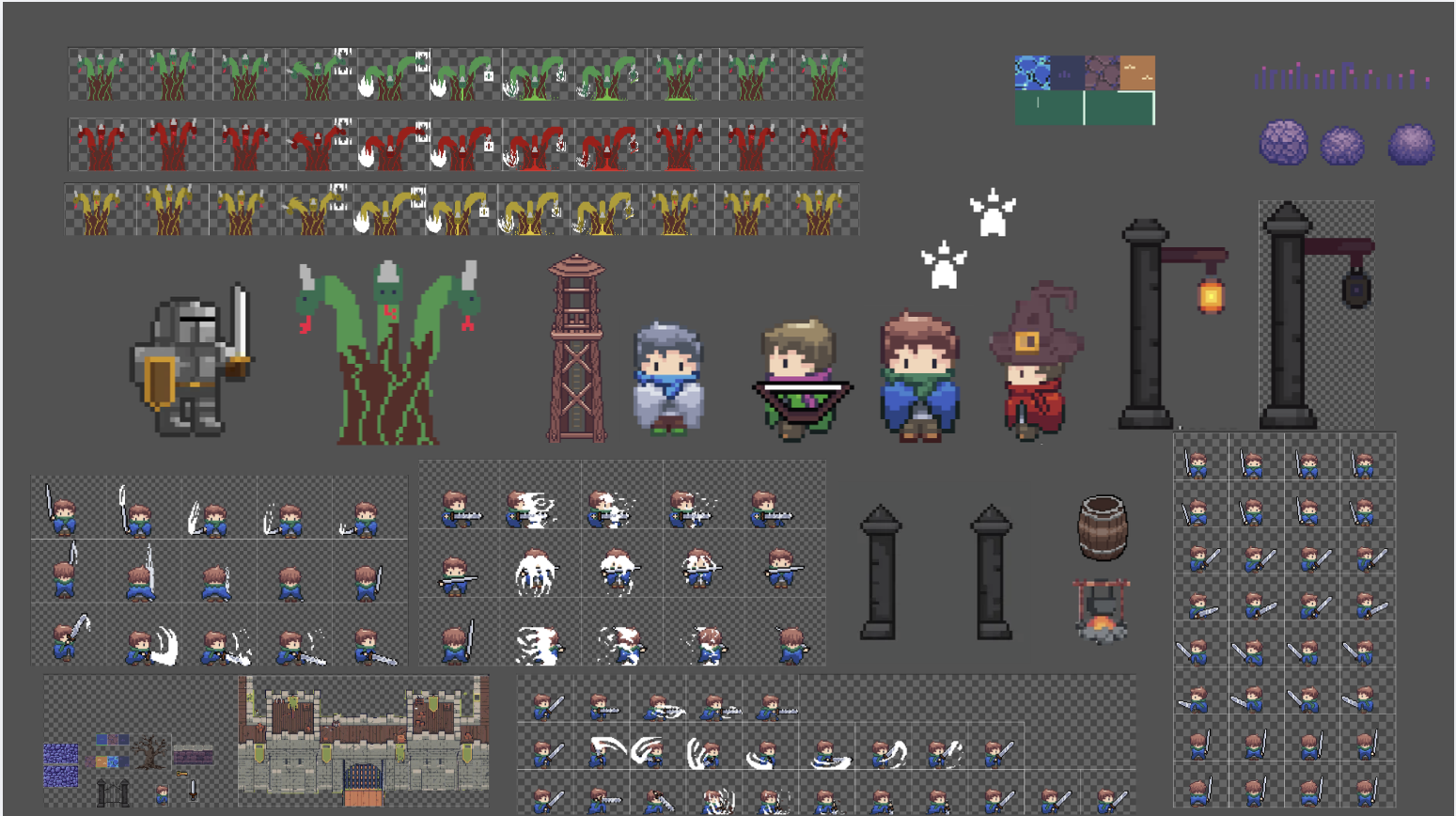 The sprite sheet: the hero's sword animations, a knight, a witch, a three-headed tree creature in three colourways, and the castle and its props.