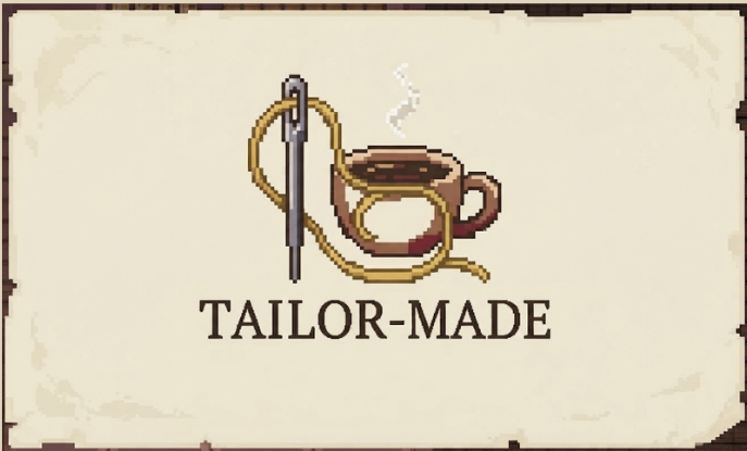 Tailor-Made title card: a needle and gold thread looped through a steaming cup of coffee, on parchment — click to play in your browser