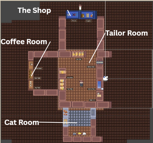 The floor plan: the shop, the tailor room, the coffee room and the cat room.