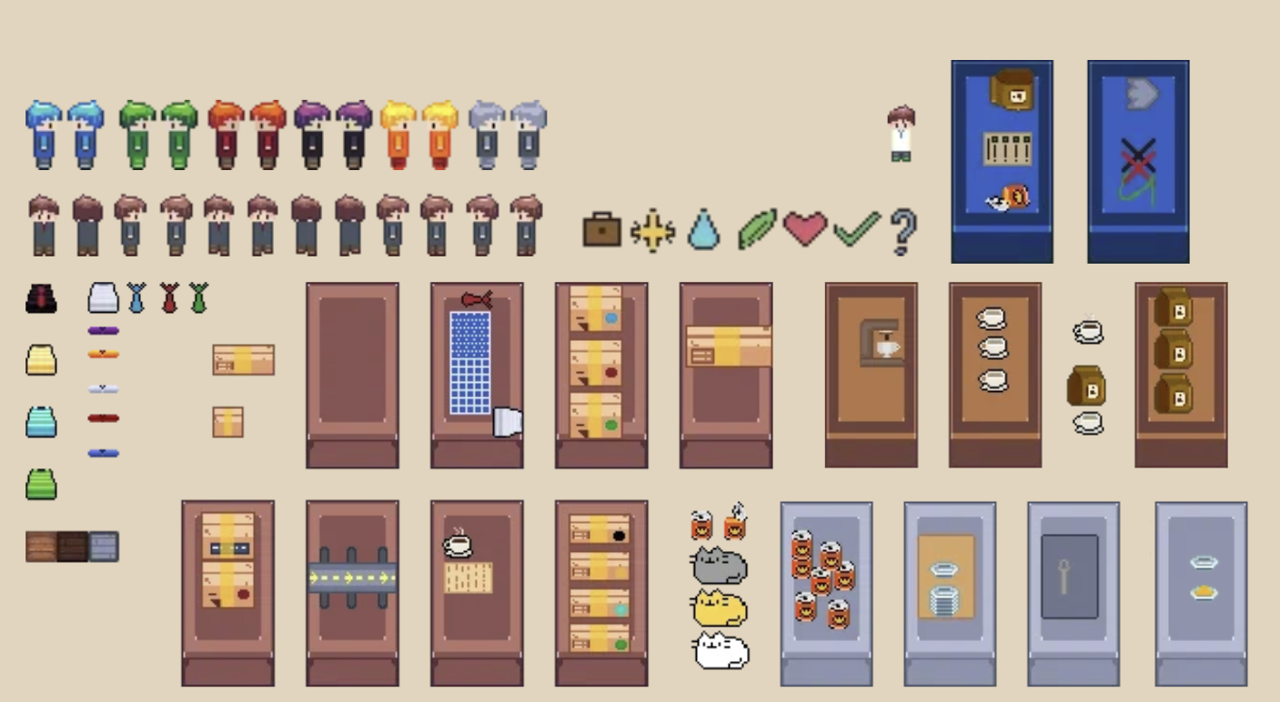 The sprite sheet: customers in six colours, the tailor, suit parts and ties, the coffee station, and three very demanding cats.
