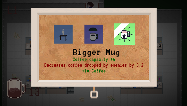 The between-wave draft. Bigger Mug buys capacity by cutting enemy drops.