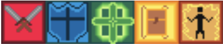 Ability icons — attack, defend, heal, inventory, map.