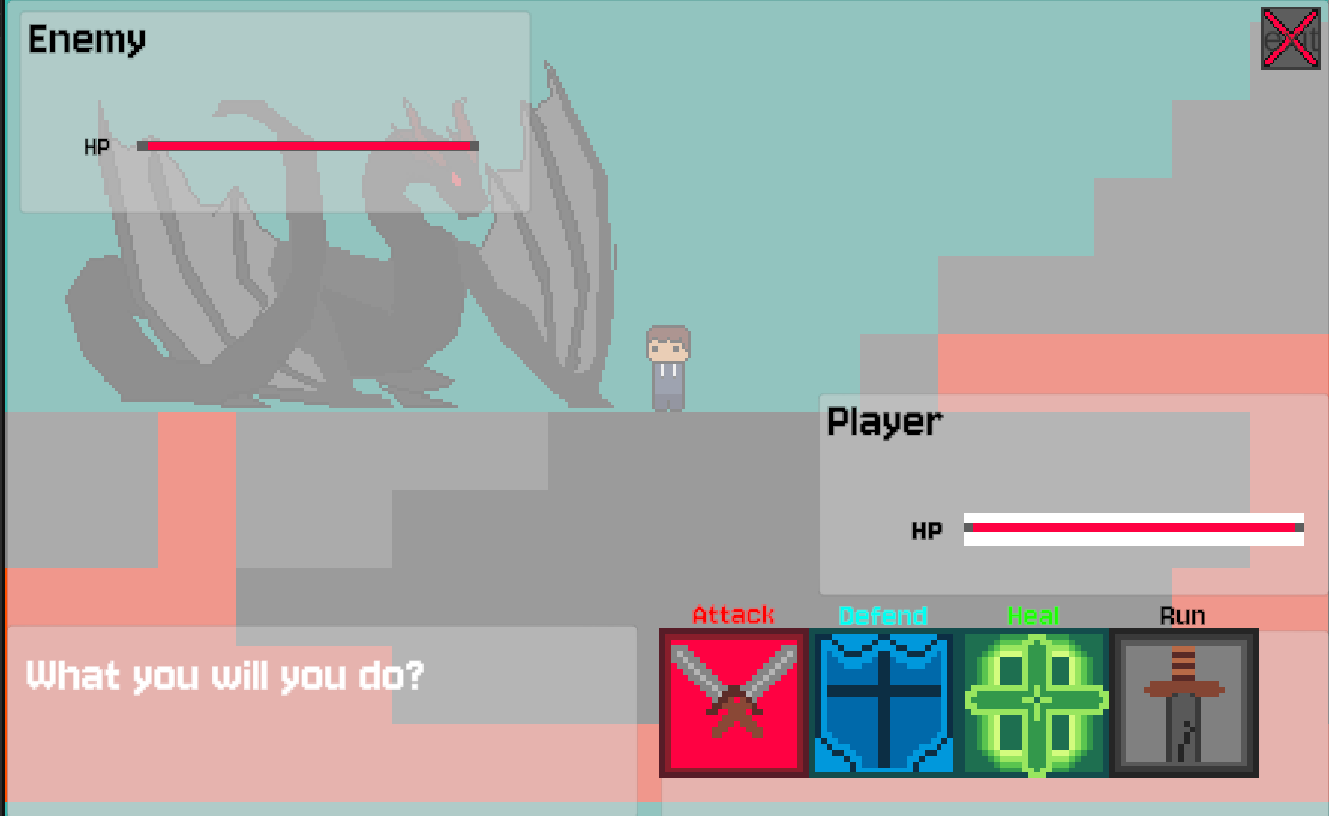 Turn-based encounter: Attack, Defend, Heal, Run — four options, no hidden menus.