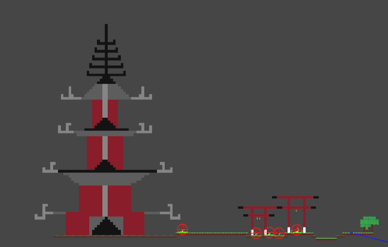 Level design for the temple approach — medieval silhouettes against flat colour.